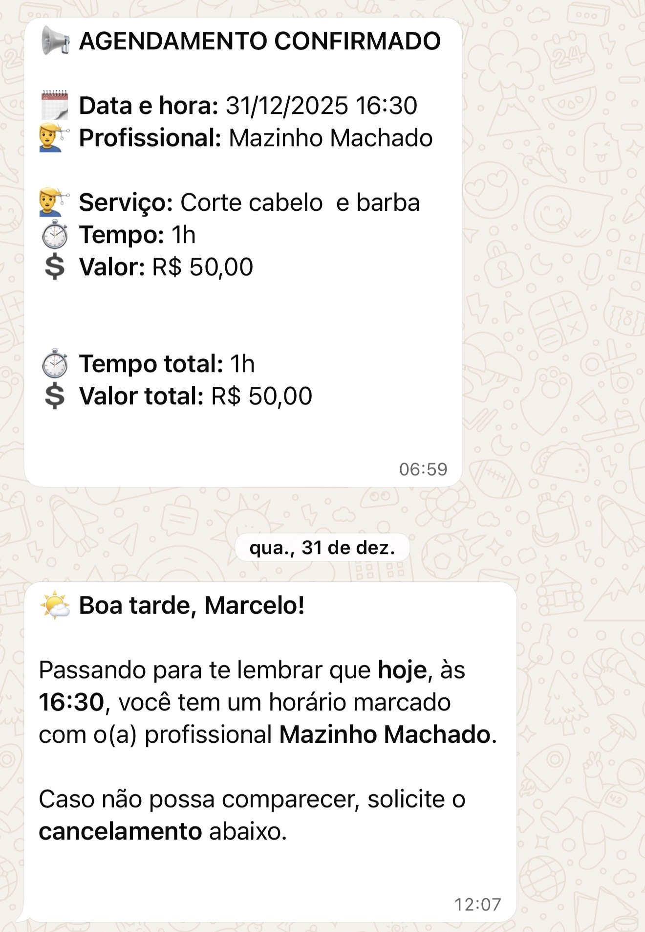 Exemplo de mensagens de agendamento no WhatsApp